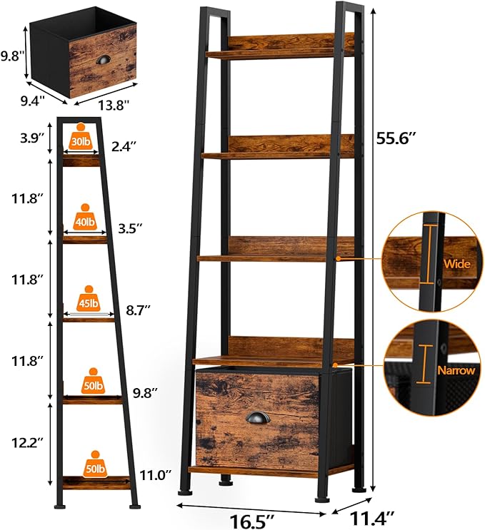 Furologee 5-Tier Ladder Shelf, Ladder Bookshelf with Removable Drawer, Rustic Bookcase Storage Rack Organizer, Wood Metal Freestanding Storage Shelf for Living Room, Home Office, Bedroom, Balcony