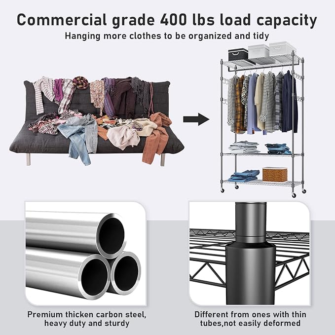 Heavy Duty Clothes Rack, Adjustable Rolling Garment Rack with Shelves, Freestanding Wardrobe Rack 1 Clothes Hanging Bar, 3 tired Wire Shelving, 4 Hanger Hooks - Hold Up to 400Lbs (Black, 1Rod 4Hook)