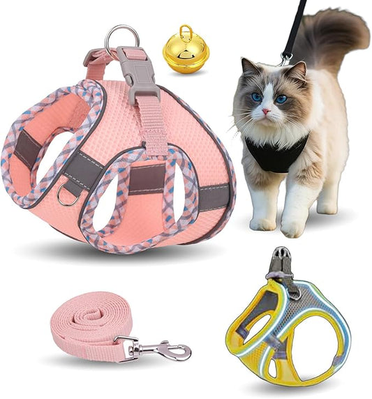Stimulicat Cat Harness, Stimuli Cat Harness Design for Outdoor Cats, Adjustable Soft Mesh Vest Harness Escape Proof with Reflective Safety Strips, Allowing Cats to Safe (Lattice-Pink, L)