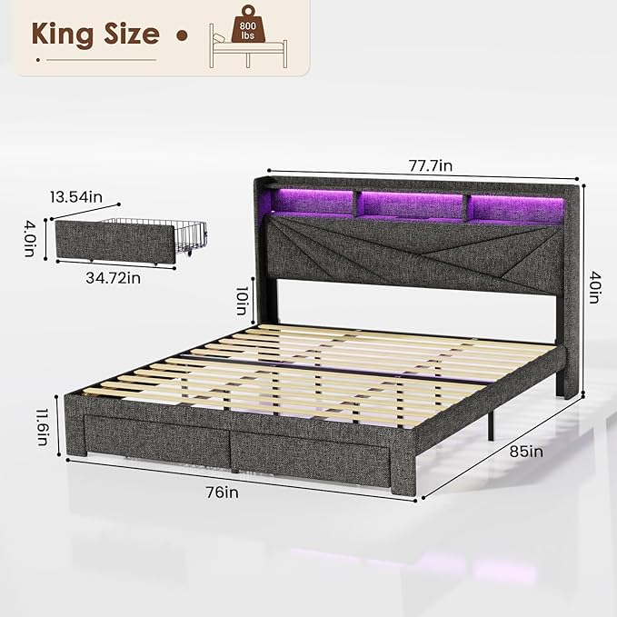 LED King Size Bed Frame with 2 Storage Drawers, Upholstered King Bed Frame with Headboard and Charging Station, No Box Spring Needed, Easy to Assembly-Dark Grey