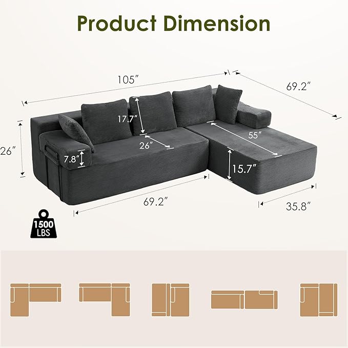 105" L-Shaped Modular Sectional Sofa with L-Shaped Boneless Couch, Cloud Couches for Living Room with Removable Arms, Convert Left/Right Facing, Plush Corduroy, No Assembly, Grey