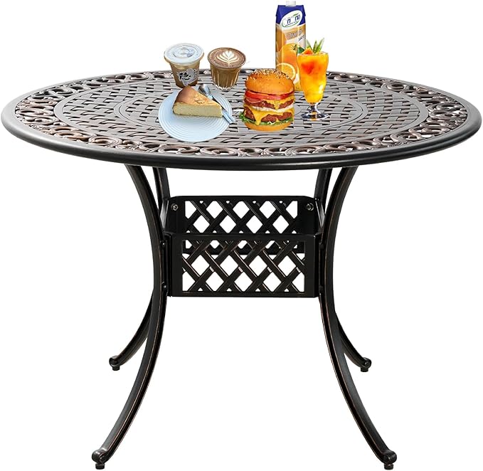 42" Round Cast Aluminum Patio Table with 4-6 Person,Outdoor Patio Dining Table with 1.7" Umbrella Hole,Metal Patio Table for Garden,Porch,Yard,Bronze