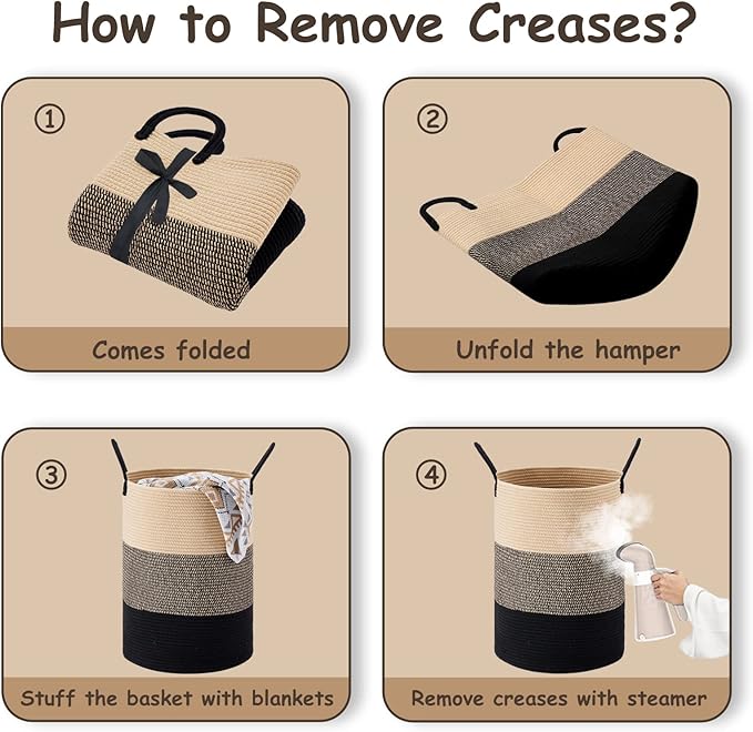 VIPOSCO Large Laundry Hamper, Tall Woven Rope Storage Basket for Blanket, Toys, Dirty Clothes in Living Room, Bathroom, Bedroom - 100L Brown & Black