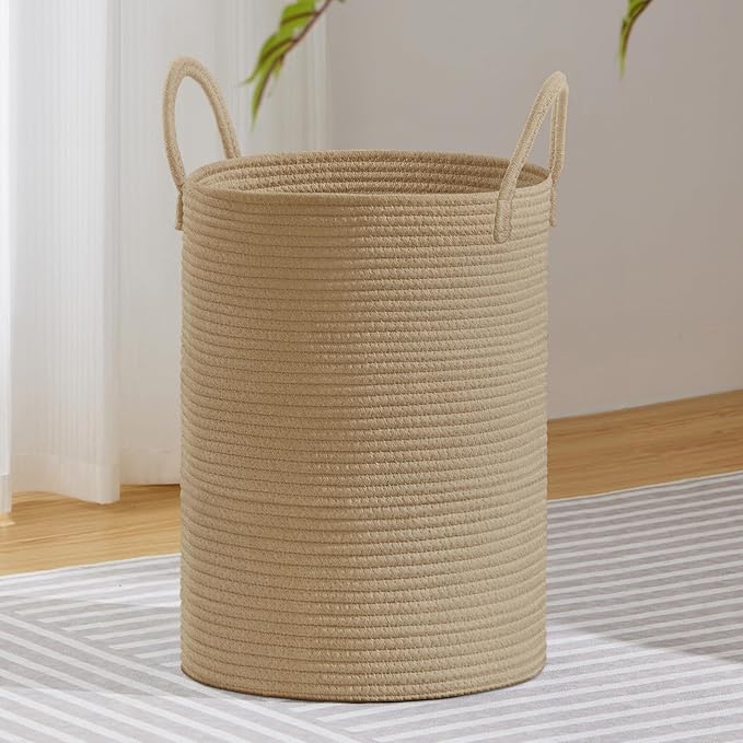 VIPOSCO Large Laundry Hamper, Tall Woven Rope Storage Basket for Blanket, Toys, Dirty Clothes in Living Room, Bathroom, Bedroom - 72L Jute