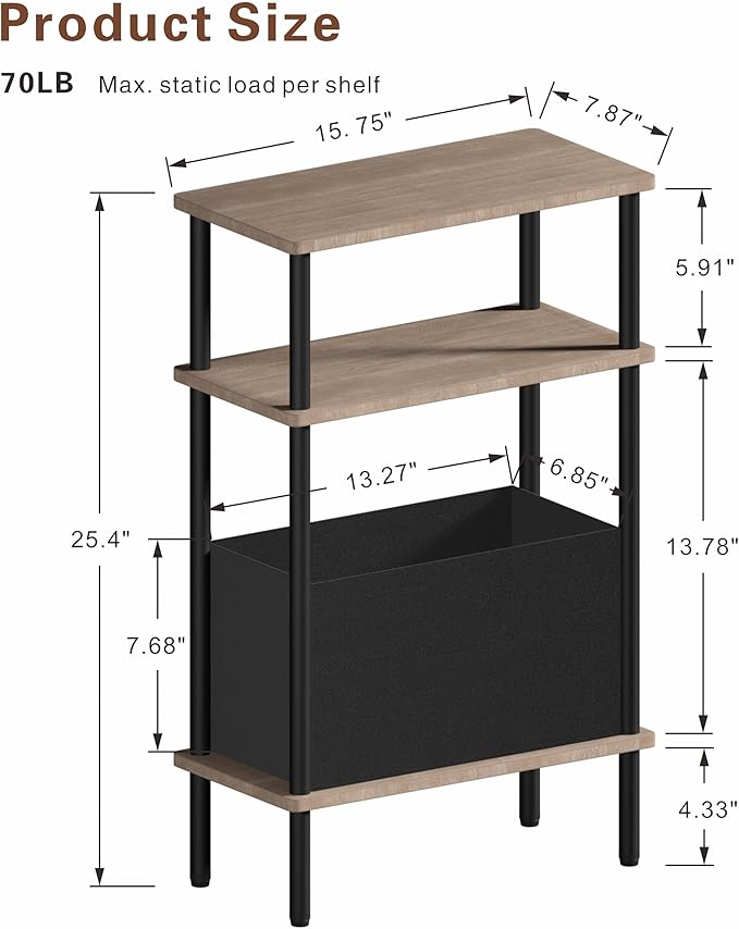 Narrow Side Table with Fabric Basket, Set of 2 End Table for Small Spaces, Slim Nightstand with 3-Tier Storage Shelf, Sofa Beside Table, for Living Room, Bed Room, Natrual Walnut