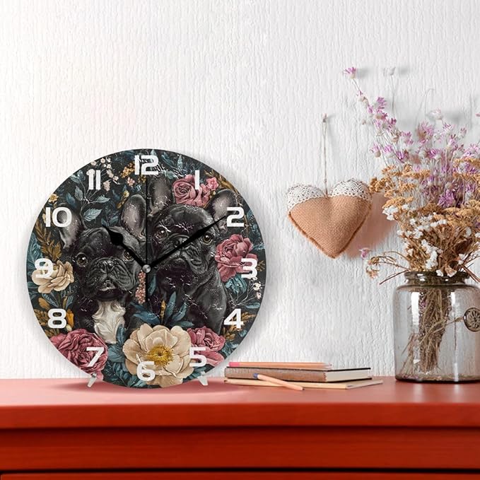Wall Clocks Decorative Bedroom Silent Living Room Desktop Bulldog Flowers Retro Tabletop Shelf Clocks Round Battery Operated 10 Inch Non-Ticking