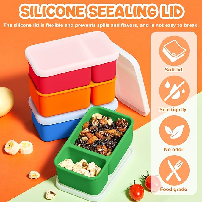Roshtia 4 Pack Silicone Food Containers with Lids, Reusable Packs Bento Lunch Box for Meal Prep Food Storage, Microwave Dishwasher Safe(2 Compartment,Bright)