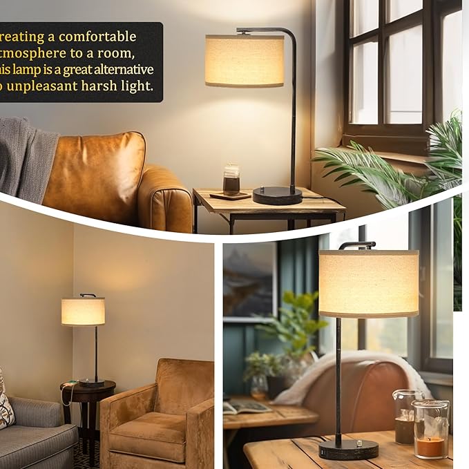 Seaside village Bedside Table Lamp with USB C+A Charging Ports, Fully Dimmable Industrial Tall Nightstand Reading Desk Lamp for Bedroom, Living Room, Office, 9W LED Bulb Included