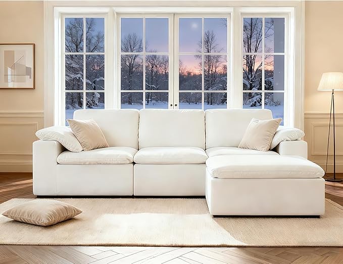 Cloud Couches for Living Room, 108” Boneless Couches Oversized Modular Sectional Sofas, Adjustable Backrest, No Assembly, Comfy Deep Seats, 3-Seater&1 Ottoman, Beige