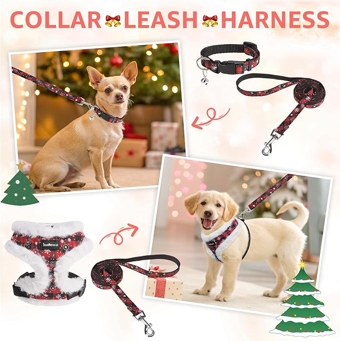 SCENEREAL Dog Christmas Harness Collar and Leash Set, Warm Fleece No Pull Puppy Vest Harnesses No Chock Adjustible Step in Small Pet Halter for Outdoor Walking Training, Black Red Plaid XS