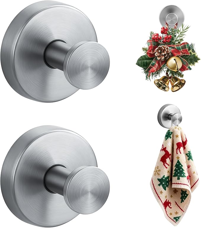 Suction Cup Hooks Stainless Steel Shower Hooks No Drill Towel Hooks Removable Wreath Hanger for Front Door, Bathroom Wall, Kitchen, Glass, Mirror (2 Pack)