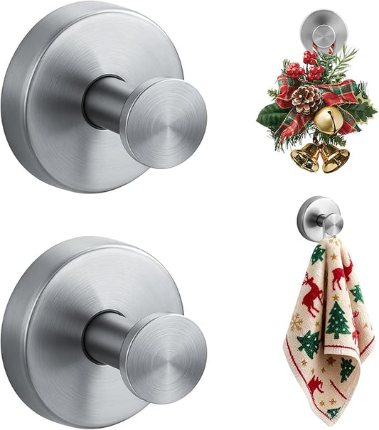 Suction Cup Hooks Stainless Steel Shower Hooks No Drill Towel Hooks Removable Wreath Hanger for Front Door, Bathroom Wall, Kitchen, Glass, Mirror (2 Pack)
