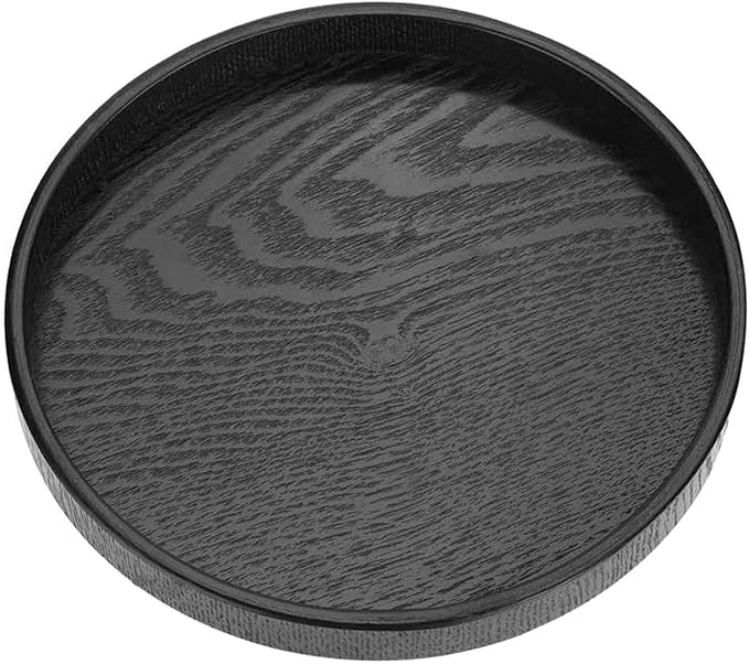 Round Wood Serving Tray, Solid Wooden Decorative Tray Non-Slip Tea Coffee Table Tray Snack Plate Food Meals Serving Tray with Raised Edges for Home Decor Kitchen Restaurant (9.5inch, Black)