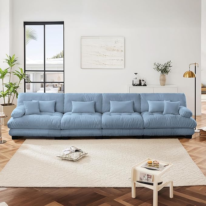 173.2" Oversized Couch, 4 Seater Modular Sectional Sofa, Blue Large Sectional Couches for Living Room, Fluffy Chenille Fabric Cloud Couch with 5 Pillows, Deep Seat Sofas