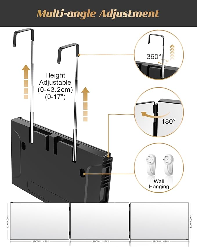 JUSRON 360 Viewing Angle Self Hair Cutting Mirror, Clear Anti-Fog HD Glass (Black Without LED with Accessories)