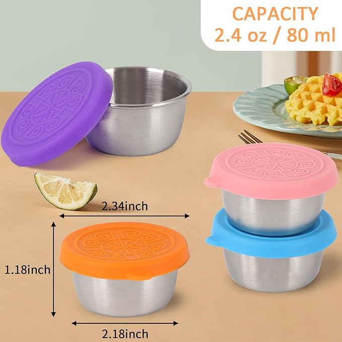 6 Pcs 304 Stainless Steel Condiment Containers With Silicone Sealing Lids, Reusable Snack Containers, Condiment Containers With Lids, Sauce Containers For Snacks, Dips, Travel And Outdoor Camping