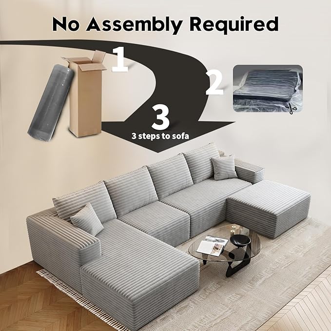135.4" Cloud Modular Sectional Sofa with 1 Ottoman,Modern Minimalist Upholstered Couches, Comfort U Shaped Sofa for Living Room,Deep Seat Corner Couch，No Assembly Required (Grey,Left Facing Chaise)