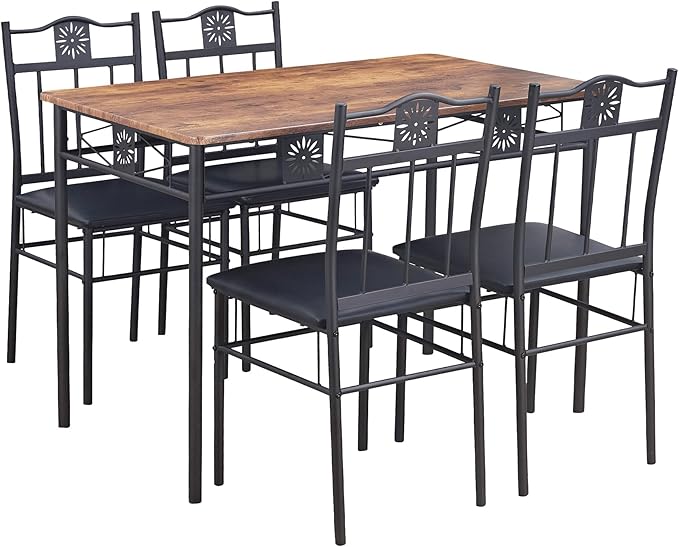 VECELO Kitchen Dining Room Table Sets for 4, 5 Piece Metal and Wood Rectangular Breakfast Nook, Dinette with Chairs, Retro Brown