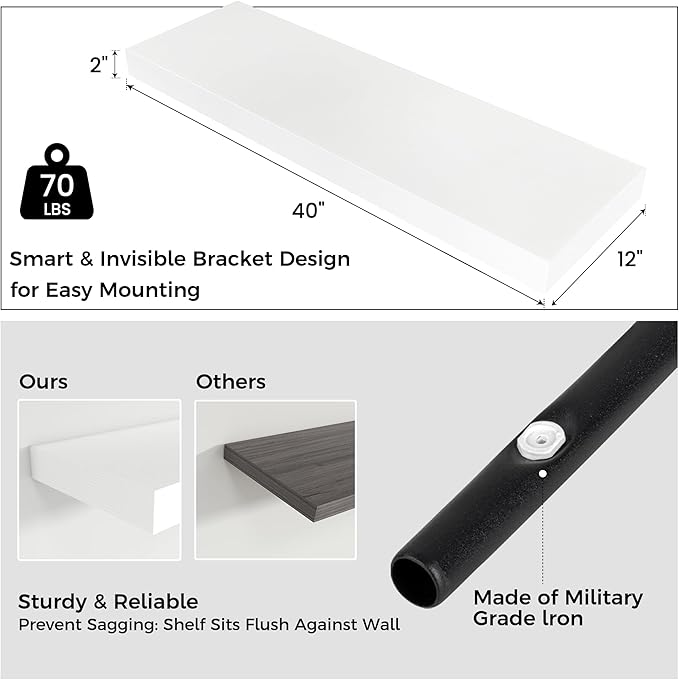 Floating Shelves for Wall, 40" W x 12" D x 2" H, 1 Pack of Long Wall Mounted Engineered Wood Shelves with Invisible Brackets for Living Room, Bedroom, Bathroom, Kitchen Decor, White