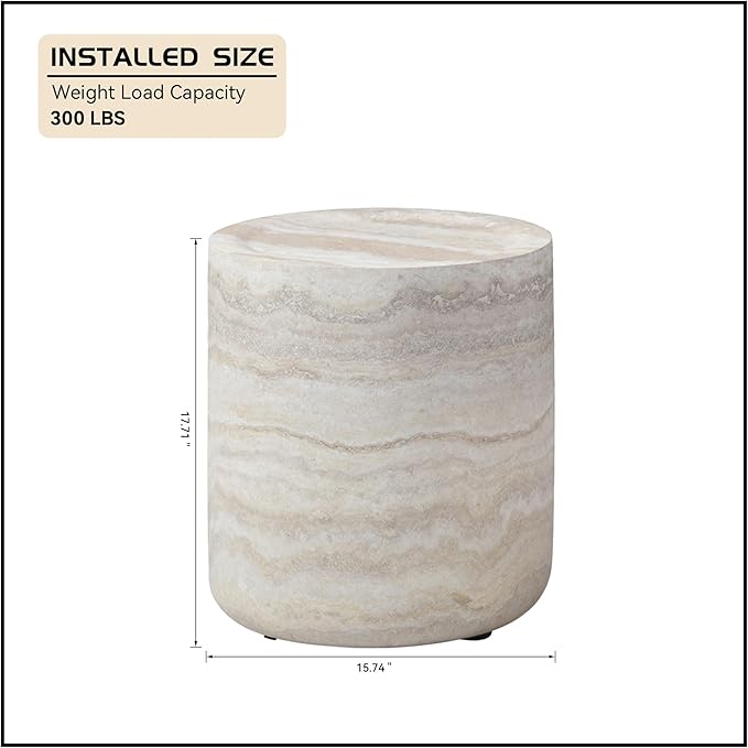 Small Round Coffee Table 15.74" Marble Pattern Drum Shaped End Fiberglass Cocktail Side Table for Living Room Bedroom Office