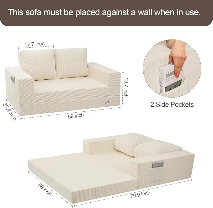 COMAX Convertible Sofa Bed Queen, Folding Fold Out Couch Bed, Floor Futon Couch Corduroy Sleeper Mattress with Back Pillows, Boneless Sofa Comfy Lounge Loveseat for Living Room Bedroom, Beige
