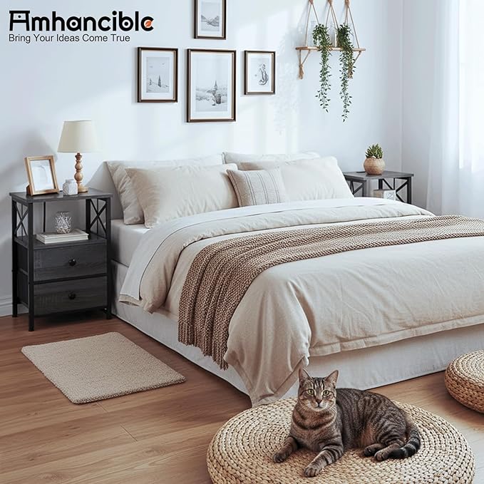 AMHANCIBLE Night Stand Set 2, Nightstand with Charging Station, End Tables Living Room with USB Ports and Outlets, Bedside Tables with Fabric Drawers for Bedroom, Dark Grey HET05XDG