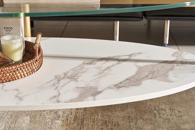 Shrine Oval Coffee Table, Mid-Century Modern Design, 2-Tier Structure, Clear Glass Top and White MDF Shelf, 47" D x 21" W x 17" H, Sleek Conical Metal Legs with Gold Finish