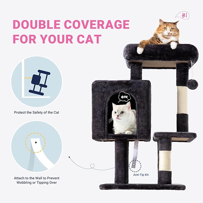 Allewie 29 Inches Cat Tree Tower/Plush Perches Platform/Condo/House/Sisal Scratching Posts/Multi-Level Activity Center Furniture for Kittens/Dark Grey
