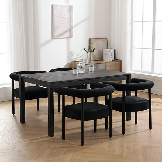 Mid-Century Modern Dining Chairs Set of 4, Armrest Barrel Dining Chairs Side Chairs with Curved Back, Upholstered Wood Armchairs for Kitchen, Velvet Black