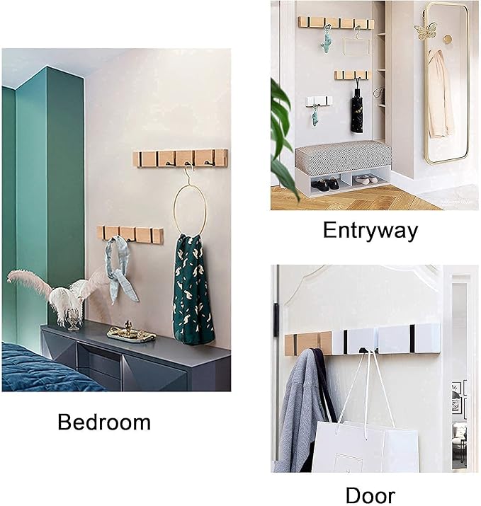 Wall Mounted Coat Rack with Foldable Hooks - Modern Space-Saving Wooden Entryway Organizer for Coats, Bags, Hats, Keys (4 Hooks, Natural Finish