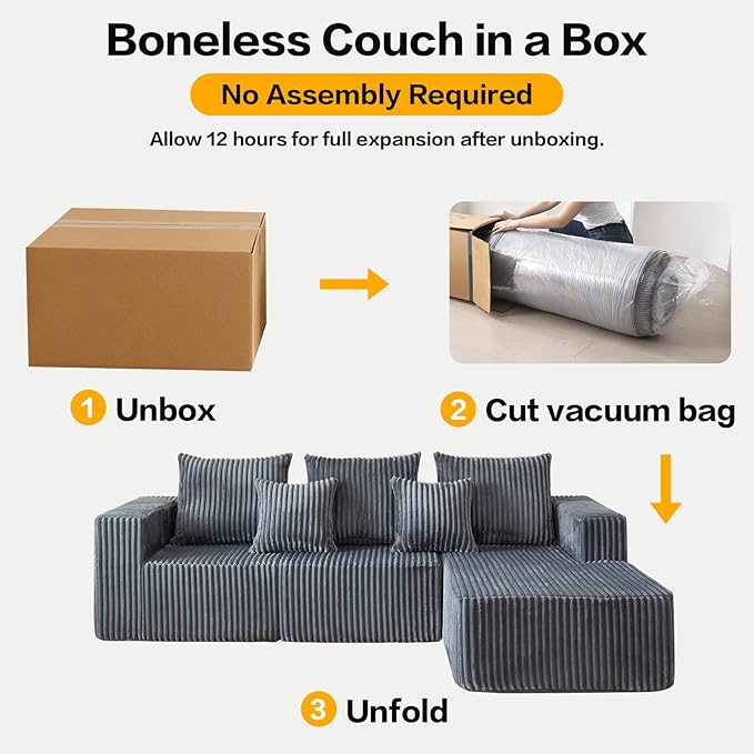 Boneless Couches for Living Room, 100.7" Cloud Sectional Couch with Oversized Chaise, L Shape Modular Couch Deep Seat, Corduroy Comfy Sofa for Bedroom, Compressed Sofa in a Box, Grey