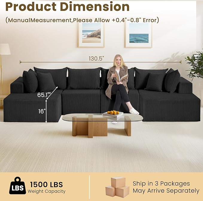 Oversize 131” Boneless Couch for Living Room, Comfort U Shaped Cloud Couch Sectional, Extra Deep Seats Corduroy Modular Sectional Sofa No Assembly,Black