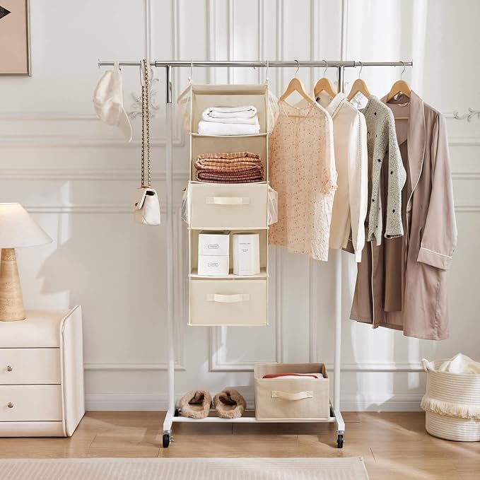 MAX Houser 5 Tier Shelf Hanging Closet Organizer, Cloth Hanging Shelf with 2 Sturdy Hooks for Storage, Foldable (Beige-D2)