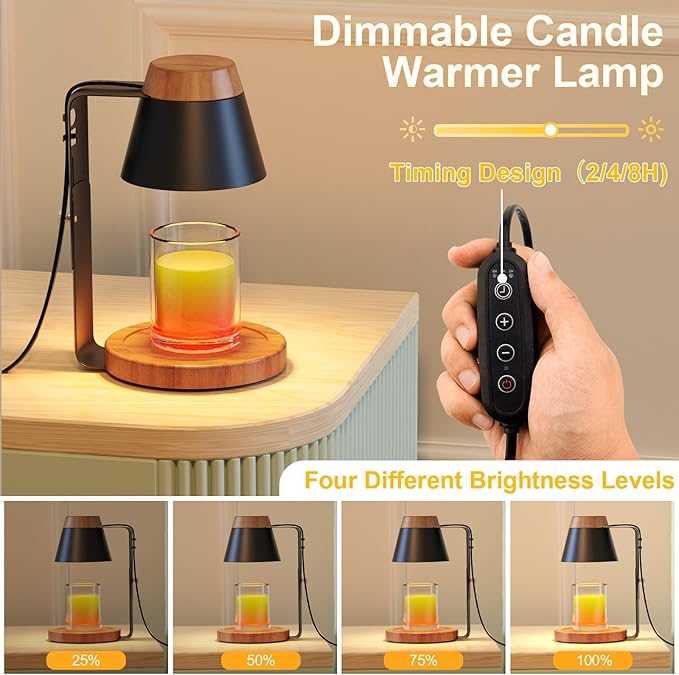 Candle Warmer Lamp with Timer, Stepless Dimmable Candle Lamp Warmer, Electric Candle Warmer Adjustable Height, Wax Warmer for Scented Wax with 2 Bulbs, for Festival&Home Decor (Black Mini)