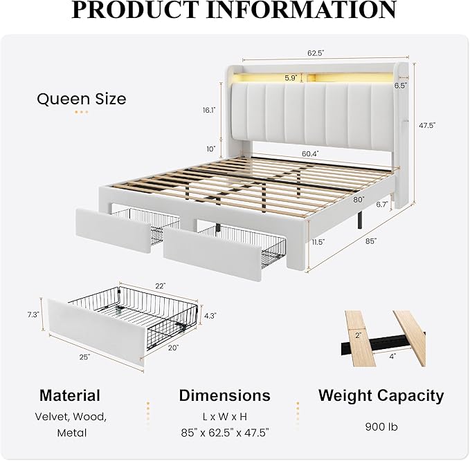 SHA CERLIN Velvet Queen Bed Frame with Vertical Channel Tufted Wingback Headboard & 2 Storage Drawers/2-Tier Shelves with LED Lights & Charging Station/Noise-Free/No Box Spring Needed/White