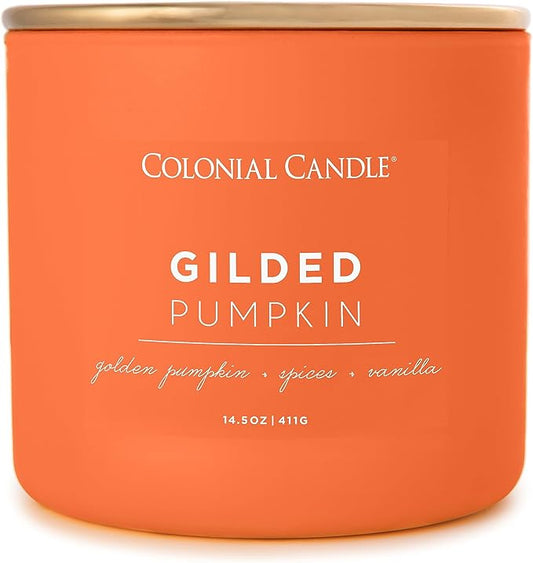 Colonial Candle Gilded Pumpkin Scented Jar Candle, Pop of Color Collection, 3 Wick, Orange, 14.5 oz - Up to 60 Hours Burn