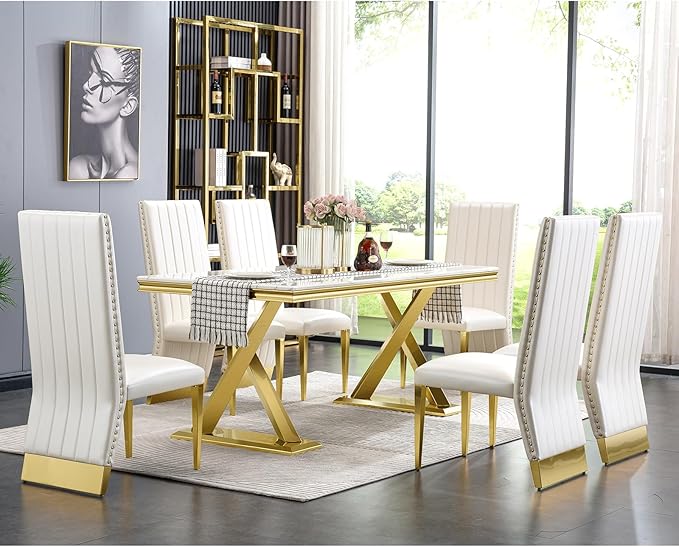 AUZ White and Gold Dining Chairs Set of 2, White PU Leather Dining Room Chair with Nailhead Trim and Gold Polished Metal Legs, Luxury High Back Dining Chairs
