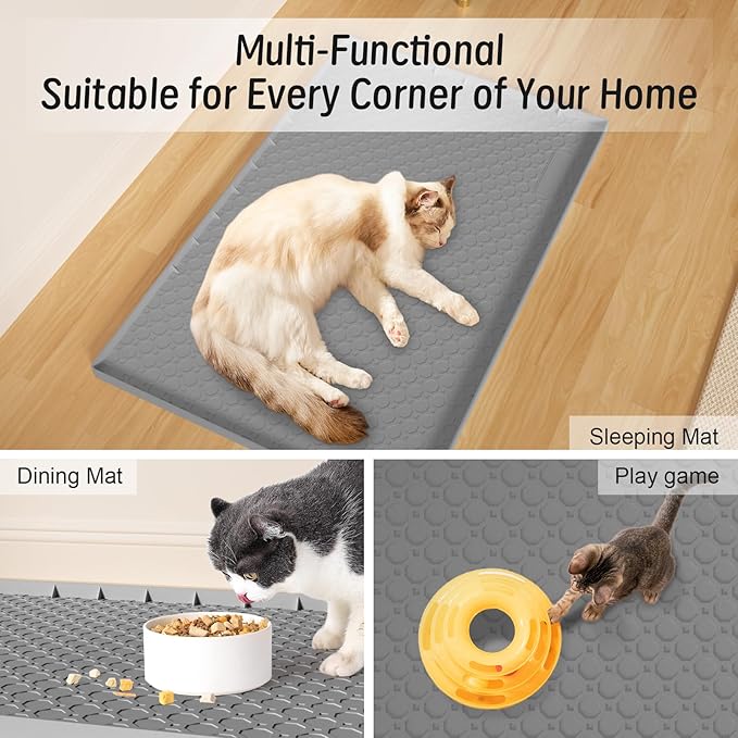 Silicone Large Cat Litter Mat 34" X 22", Cat Mat for Litter Box, Cats Litter Trapping Mat, Non-Slip and Waterproof, Raised Edges, Grey