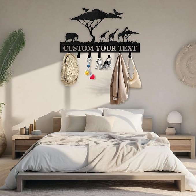 Personalized Key Holder for Wall | Custom Name Metal Cabin Key Hooks | Coat Hook Key Rack Wall Mount | Metal Wall Key Holder | Animal Theme African Art Decor for Living Room Hallway Office