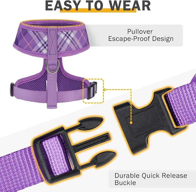 SCENEREAL No Pull Dog Harness Collar and Leash Set Small Medium Sized Dog, Soft Mesh Step in Puppy Harnesses, No Chock Plaid Adjustible Pet Vest for Outdoor Walking Training and Running, Purple S