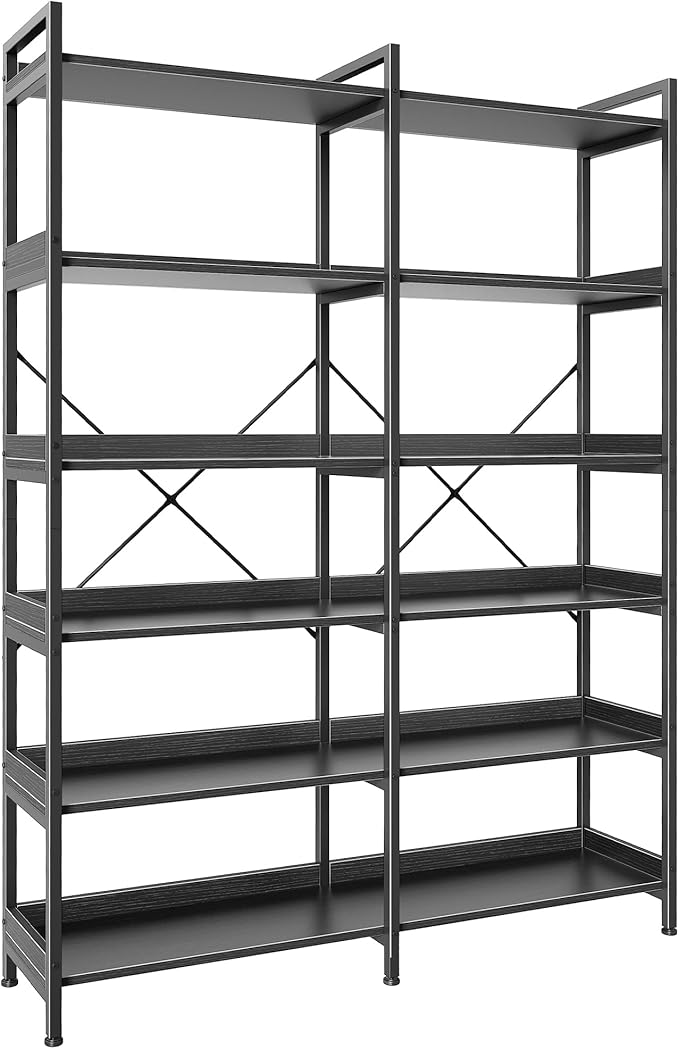 Huuger 6 Tier Bookshelf, Display Bookshelf with 12 Open Shelves and Raised Baffle, 47.2 Inch Straight Wide Bookcase with Metal Frame and Wooden Board, Adjustable Feet, Black