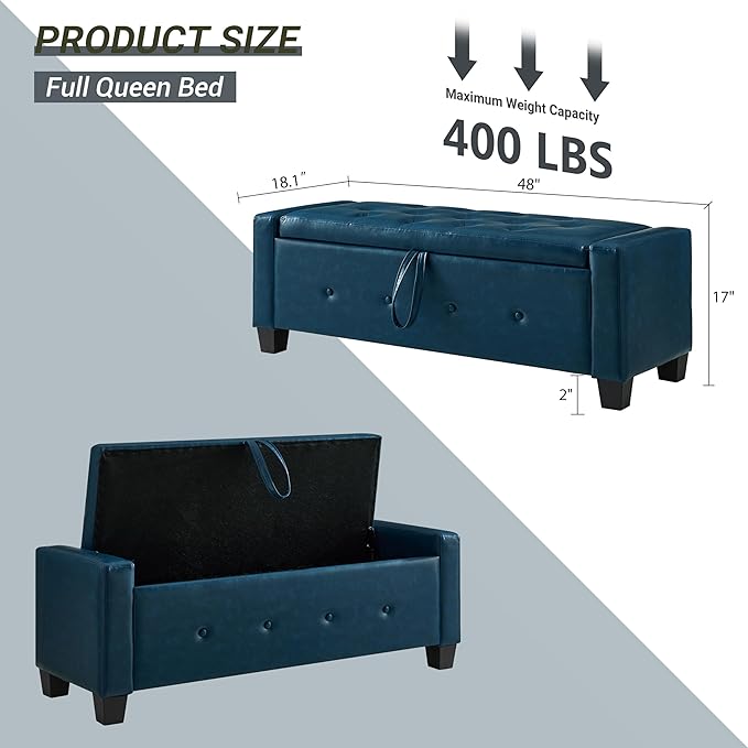 48" Faux Leather Ottoman with Storage, Tufted Storage Ottoman Bench with Safety Hinge, Rectangular Extra Long Bench for Bedroom, Living Room, Entryway and Window, Blue