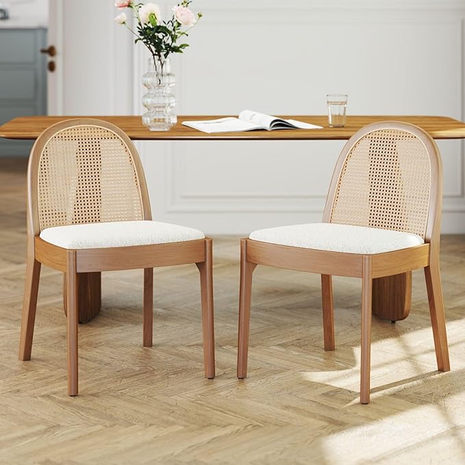 LukeAlon Modern Sherpa Dining Chairs Set of 6, Natural Woven Rattan Cane Back Side Chairs with Solid Wood Legs Mid Century Dinner Chairs for Kitchen Living Room, White