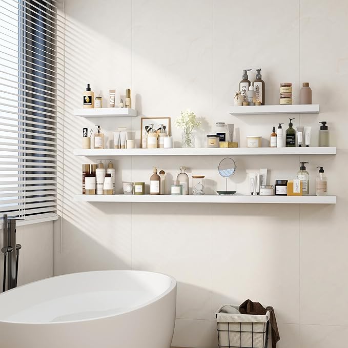 Fun Memories 72 Inch Floating Shelves for Wall, Fireplace Mantel Shelf with Invisible Heavy Duty Bracket, 8 Inch Deep Storage Shelf for Living Room, Kitchen, Farmhouse, White (2-Pack)