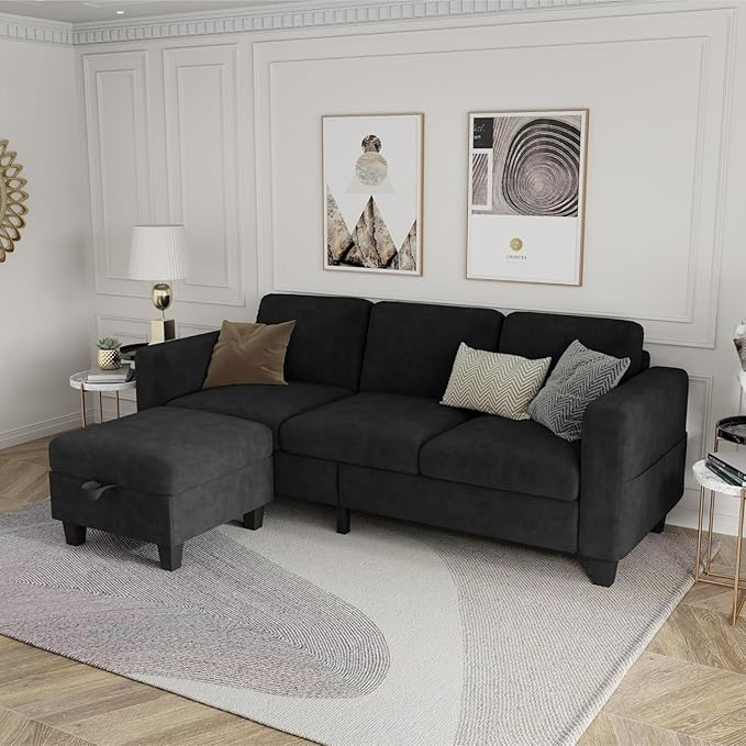 Sectional Sofa Couches for Living Room - 78''Convertible Modular Three-Seater L-Shaped Pet-Friendly Couch,Washable Sofa Cover-Bench Storage, Suitable for Small Living Room, Apartment,Office-Black