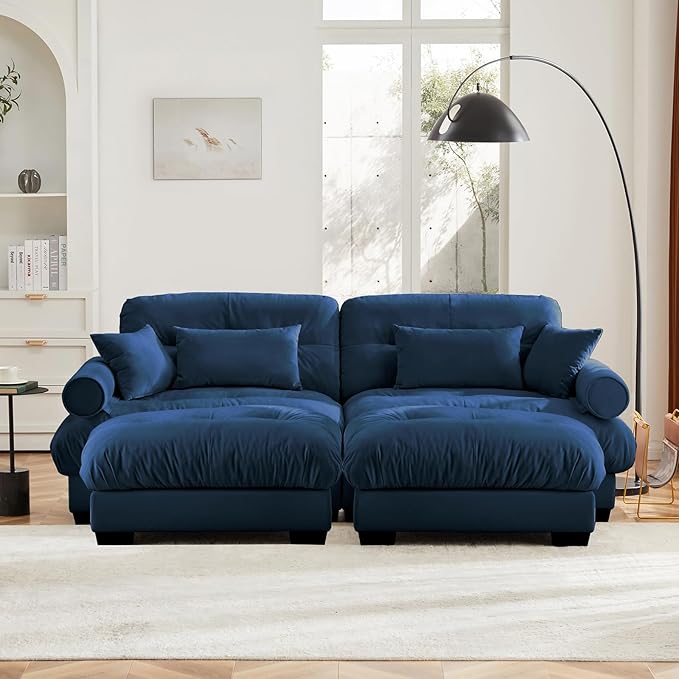 93.7" Loveseat Sofa, 2 Seater Modular Sectional Sofa, Blue Large U Shaped Sectional Couches for Living Room, Fluffy Couch, Love Seat, Velvet Cloud Couch with Ottoman, Deep Seat Sofas for Living Home