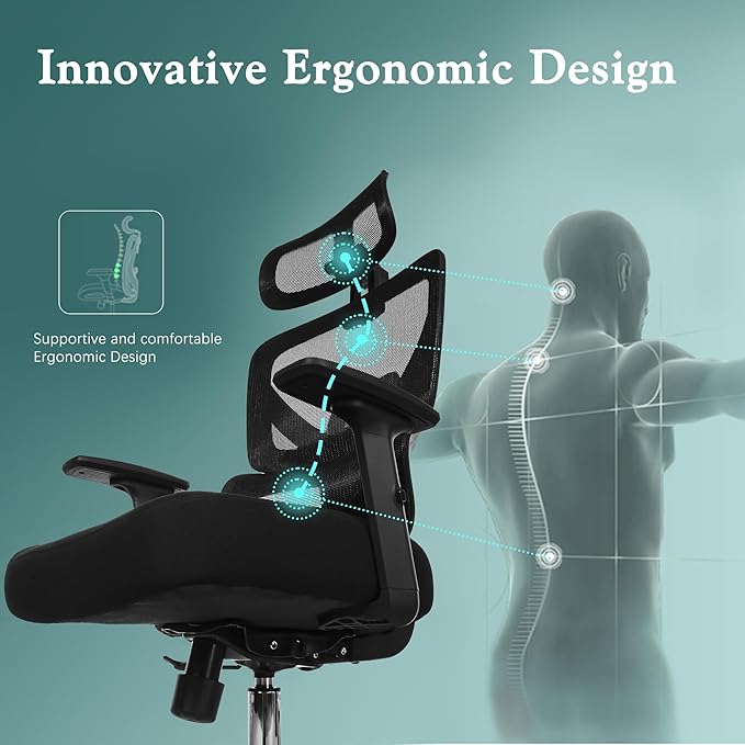 VECELO High Back Ergonomic Office Chair, Big and Tall Mesh Desk Chair with Wheels, Tilt Function, 3D Headrest, Lumbar Support, Swivel Rolling Computer Chair for Task, Home Office, Black