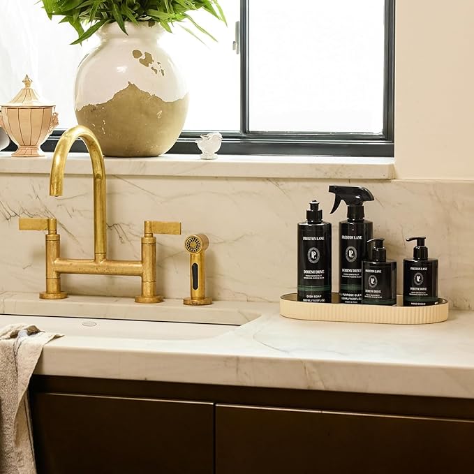 Preston Lane Signature Kitchen Ceramic Tray – Handmade in Portugal with Fluted Edges & Hand-Painted Trim – Decorative Organizer or Home Accent, Large, Alabaster