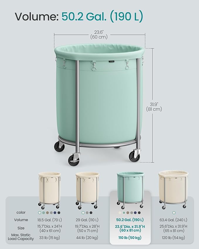 SONGMICS 50.2-Gallon (190 L) Laundry Basket with Wheels, Rolling Round Heavy-Duty Laundry Hamper Cart with Steel Frame and Removable Bag, 2 Locking Wheels, Mint Green and Metallic Silver URLS001C01