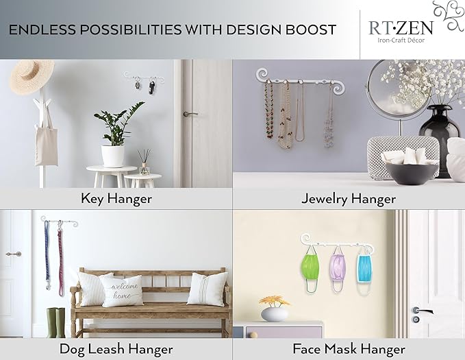 RTZEN Farmhouse Small Key Holder for Wall - Handcrafted Swirl Decorative 5 Key Hooks for Home Entryway - Wrought Iron Wall Mount Rack Purse Coat and Leash Holder or Organizer (Classic White)